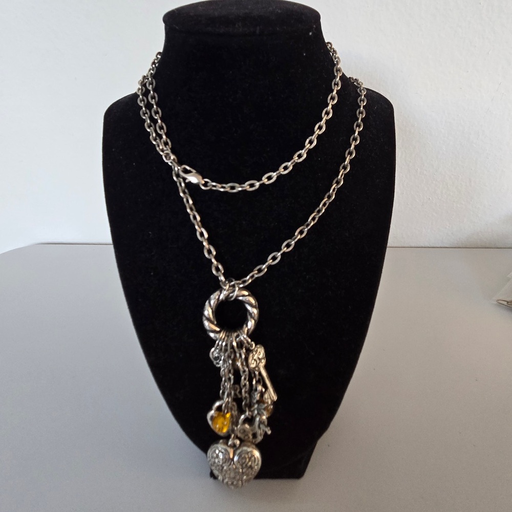 Vintage Silver Tone Charm Necklace|. Keys & Heart Lock|Amber Beads |Boho